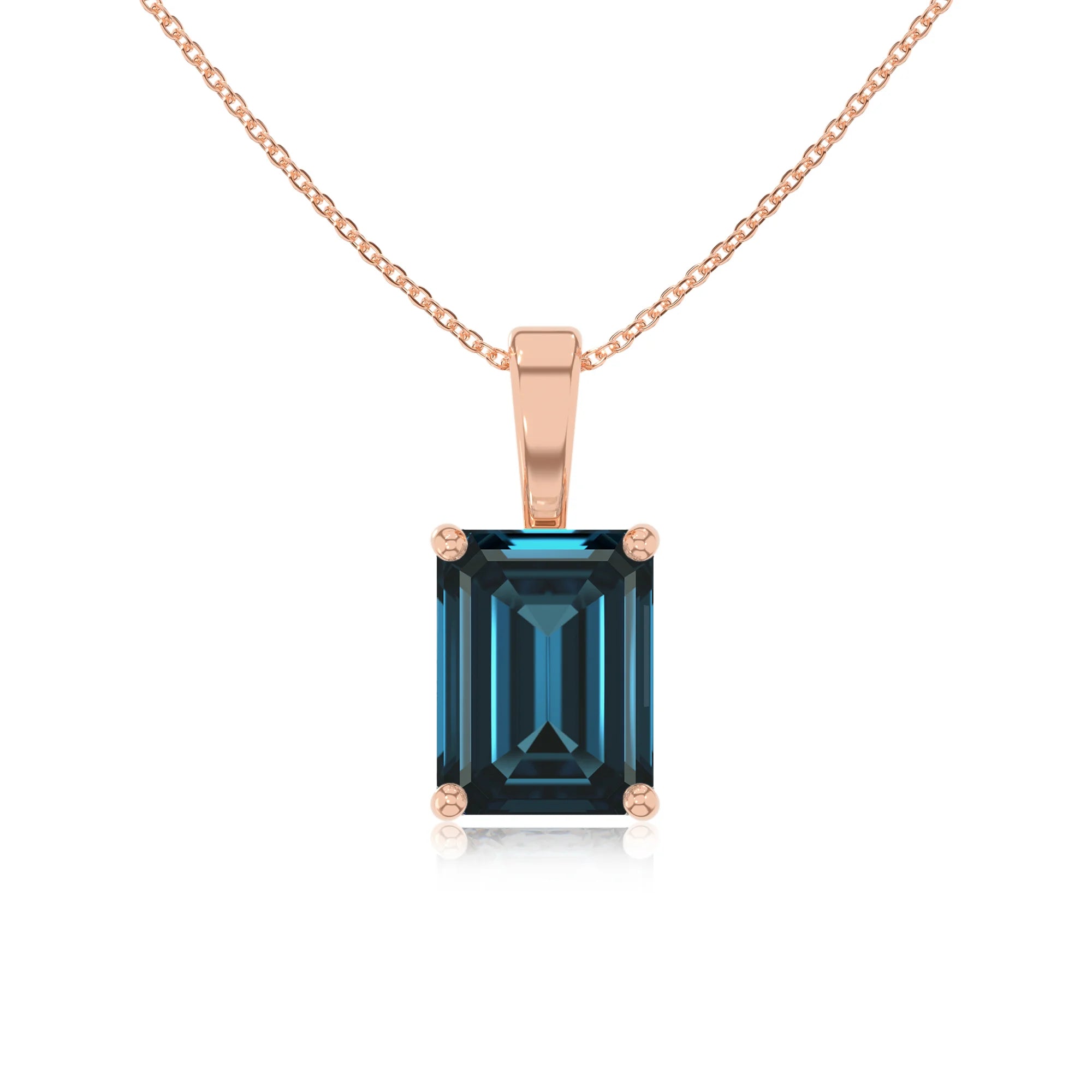 natural london-blue-topaz emerald cut solitaire necklaces in rose gold 