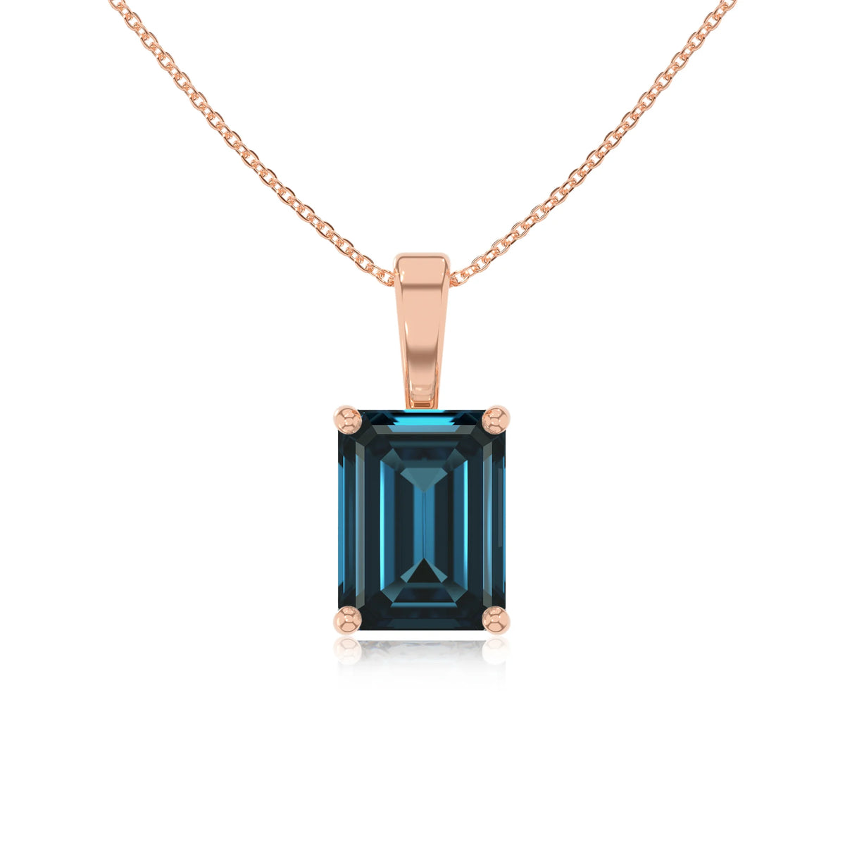 natural london-blue-topaz emerald cut solitaire necklaces in rose gold 