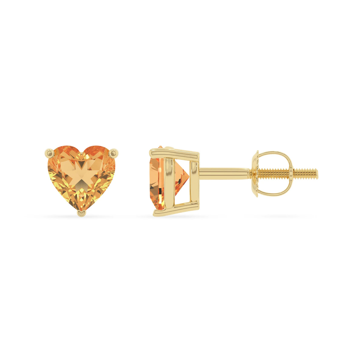 lab grown citrine heart stud earrings in yellow gold 