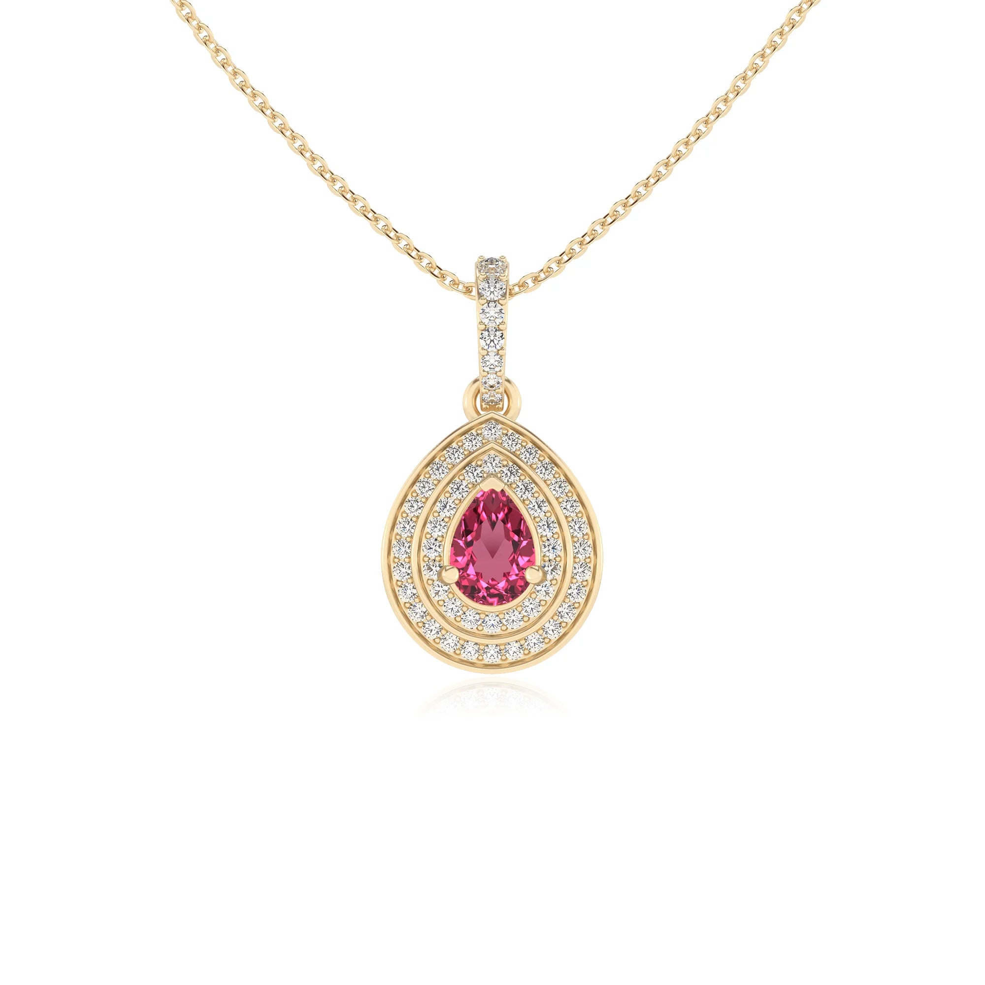 lab grown pink-tourmaline pear halo necklaces in yellow gold 
