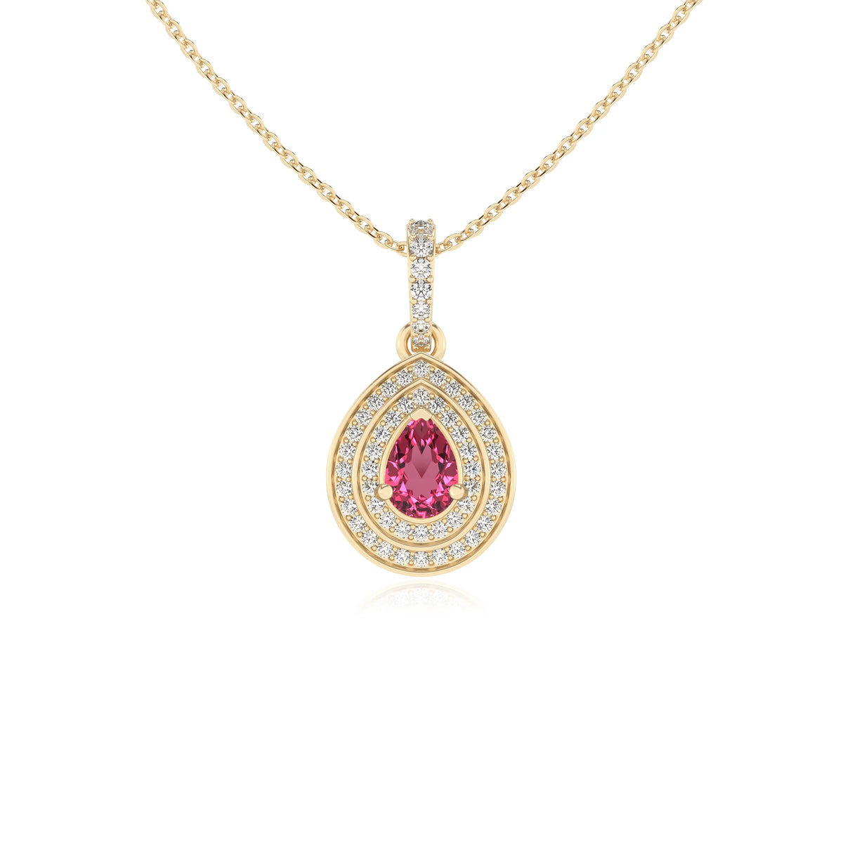 lab grown pink-tourmaline pear halo necklaces in yellow gold 