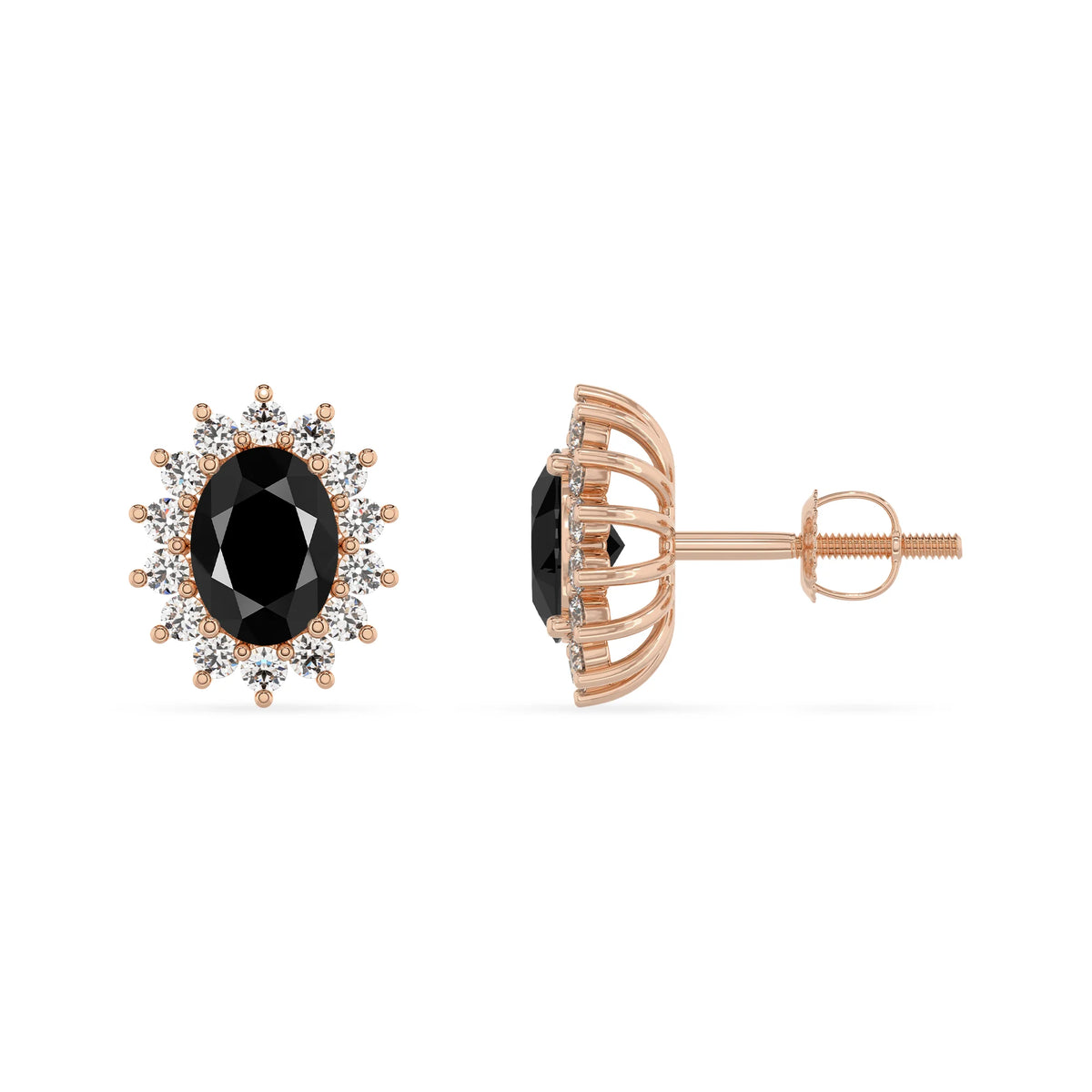 natural black onyx oval stud earrings in rose gold 