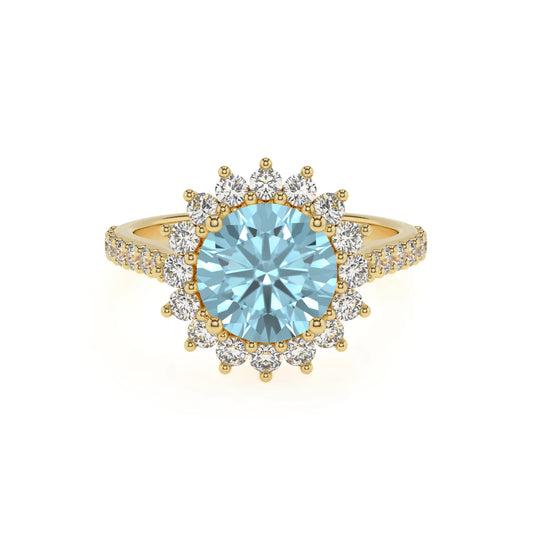 lab grown aquamarine round solitaire rings in yellow gold 