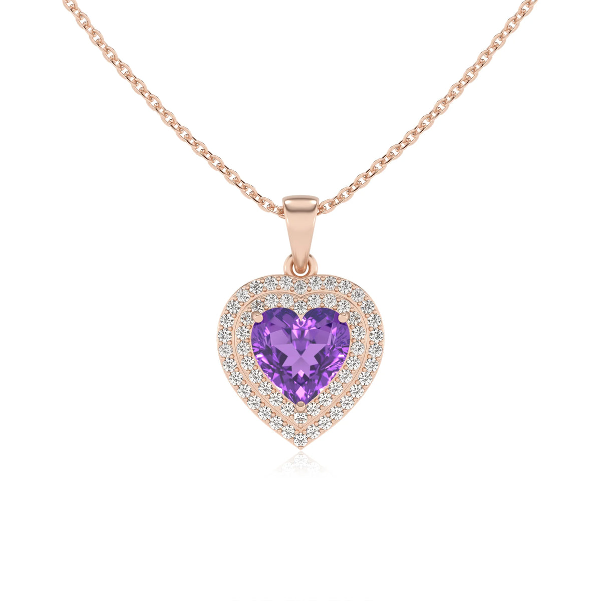 lab grown amethyst heart halo necklaces in rose gold 