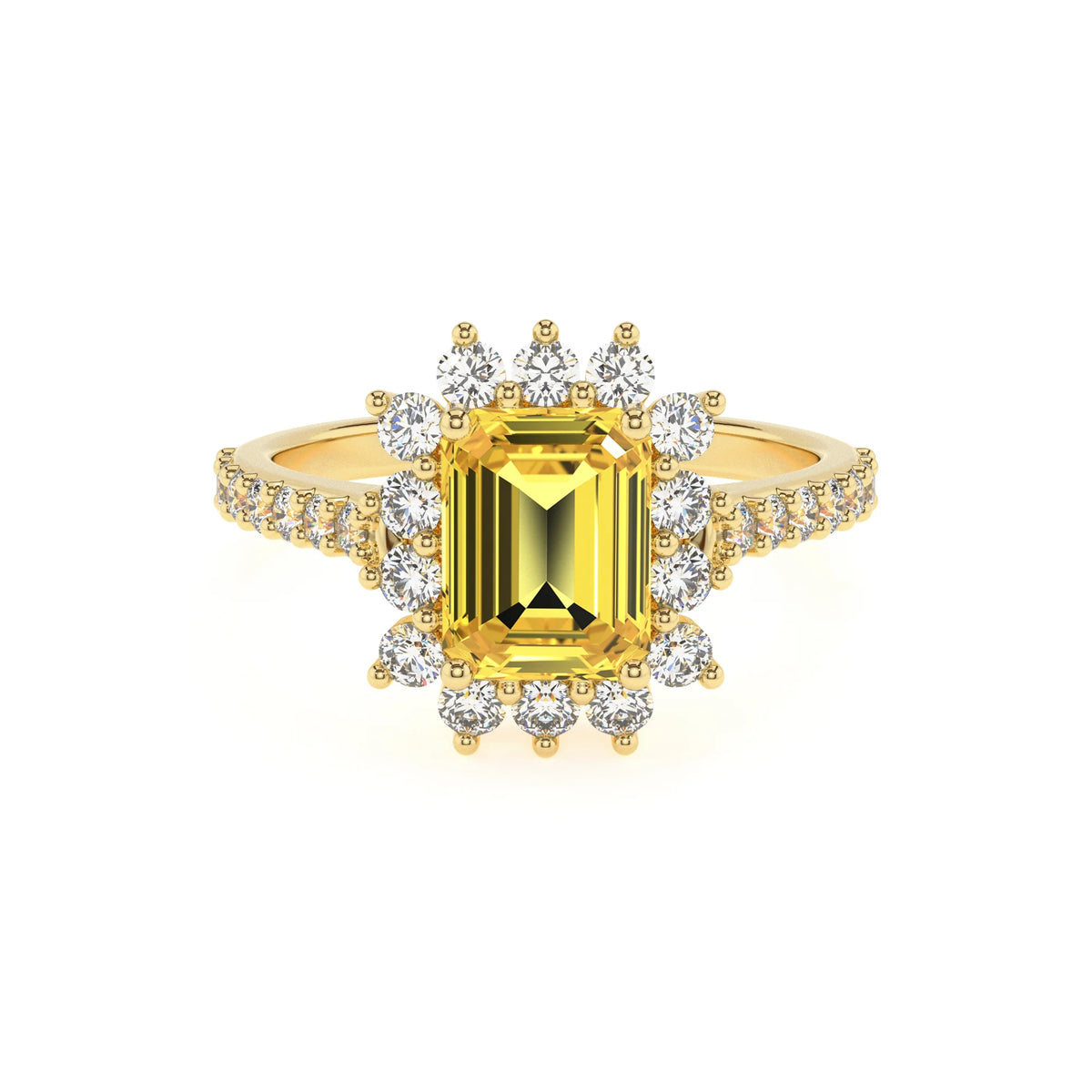 lab grown yellow-sapphire emerald cut solitaire rings in yellow gold 