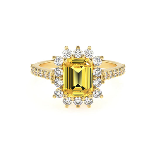 lab grown yellow-sapphire emerald cut solitaire rings in yellow gold 