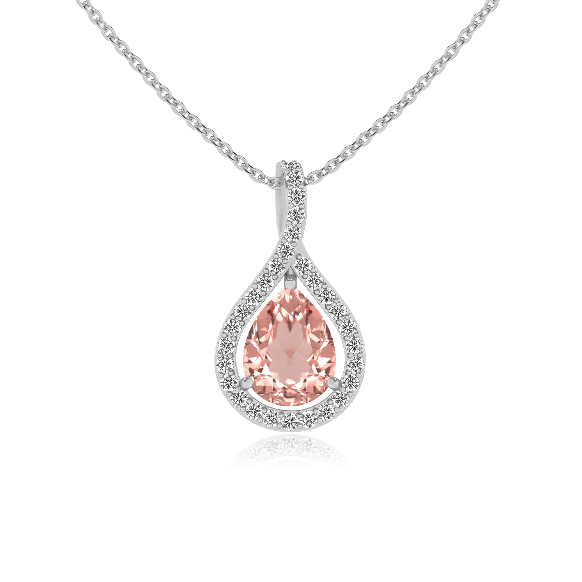 lab grown morganite pear solitaire necklaces in white gold 