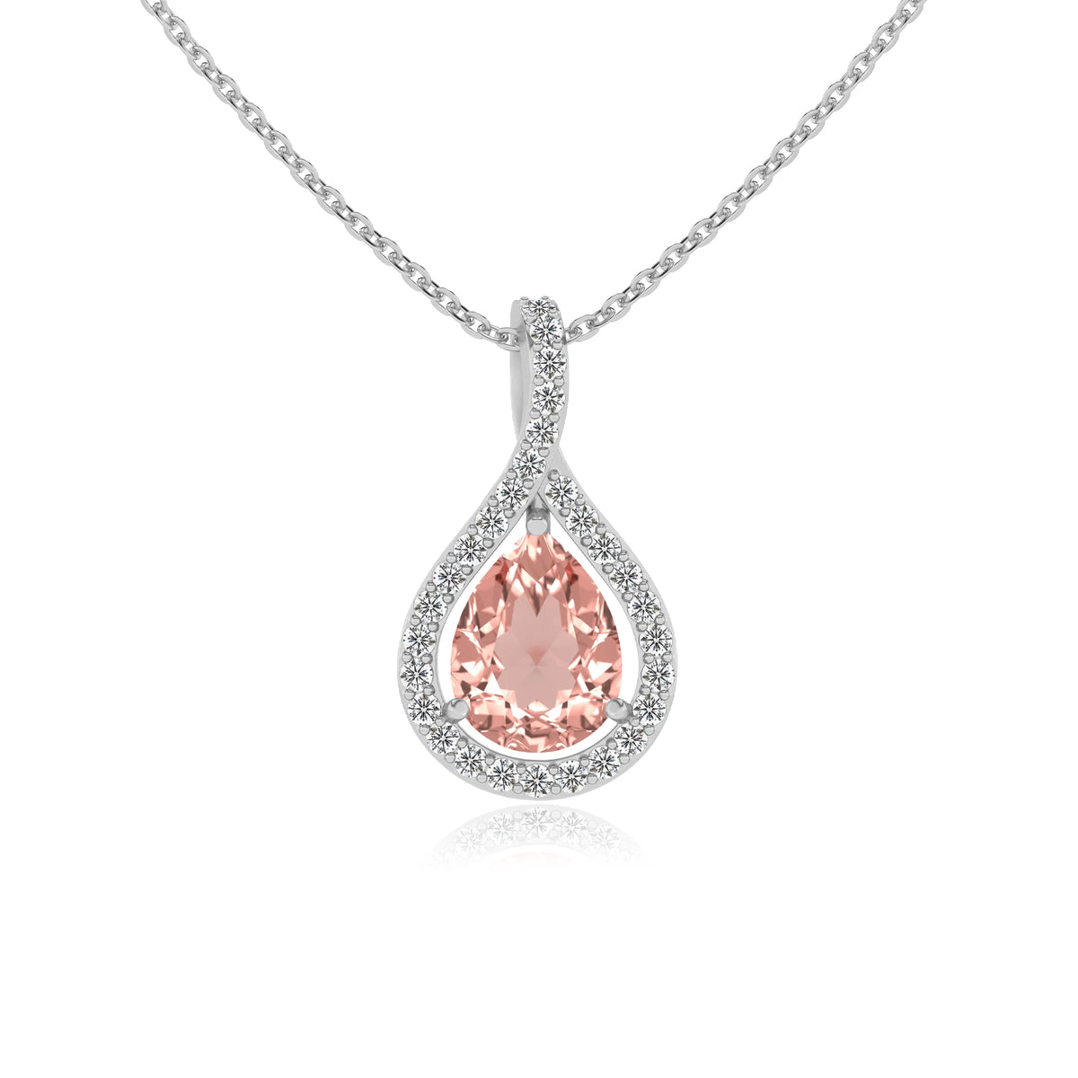 lab grown morganite pear solitaire necklaces in white gold 