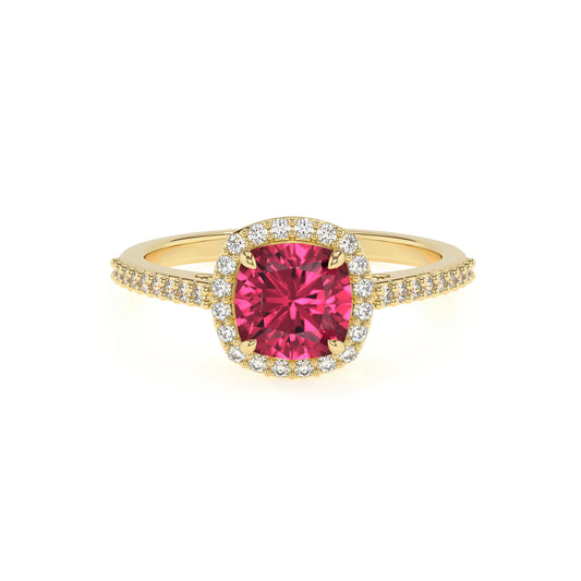 lab grown pink-tourmaline cushion solitaire rings in yellow gold 