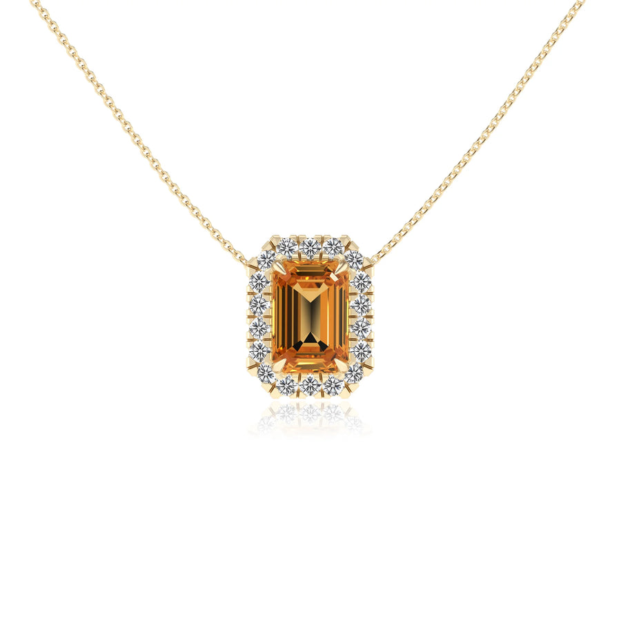 lab grown citrine emerald cut solitaire necklaces in yellow gold 