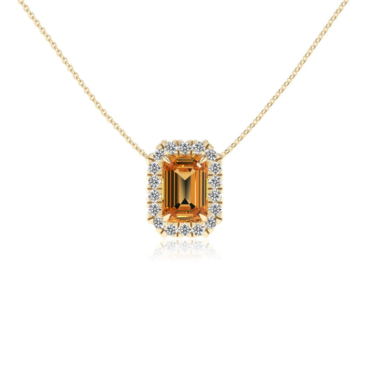 lab grown citrine emerald cut solitaire necklaces in yellow gold 