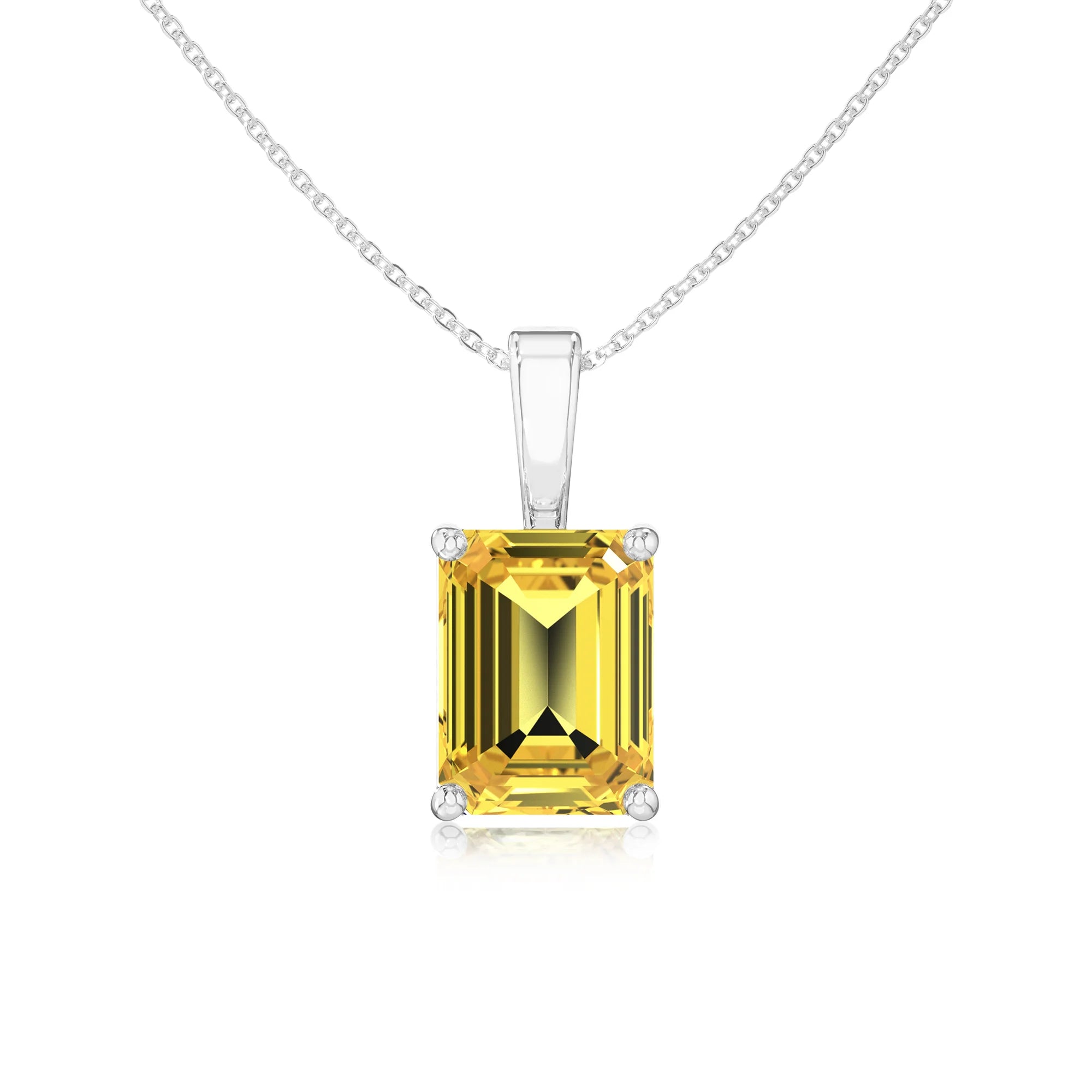 lab grown yellow-sapphire emerald cut solitaire necklaces in white gold 