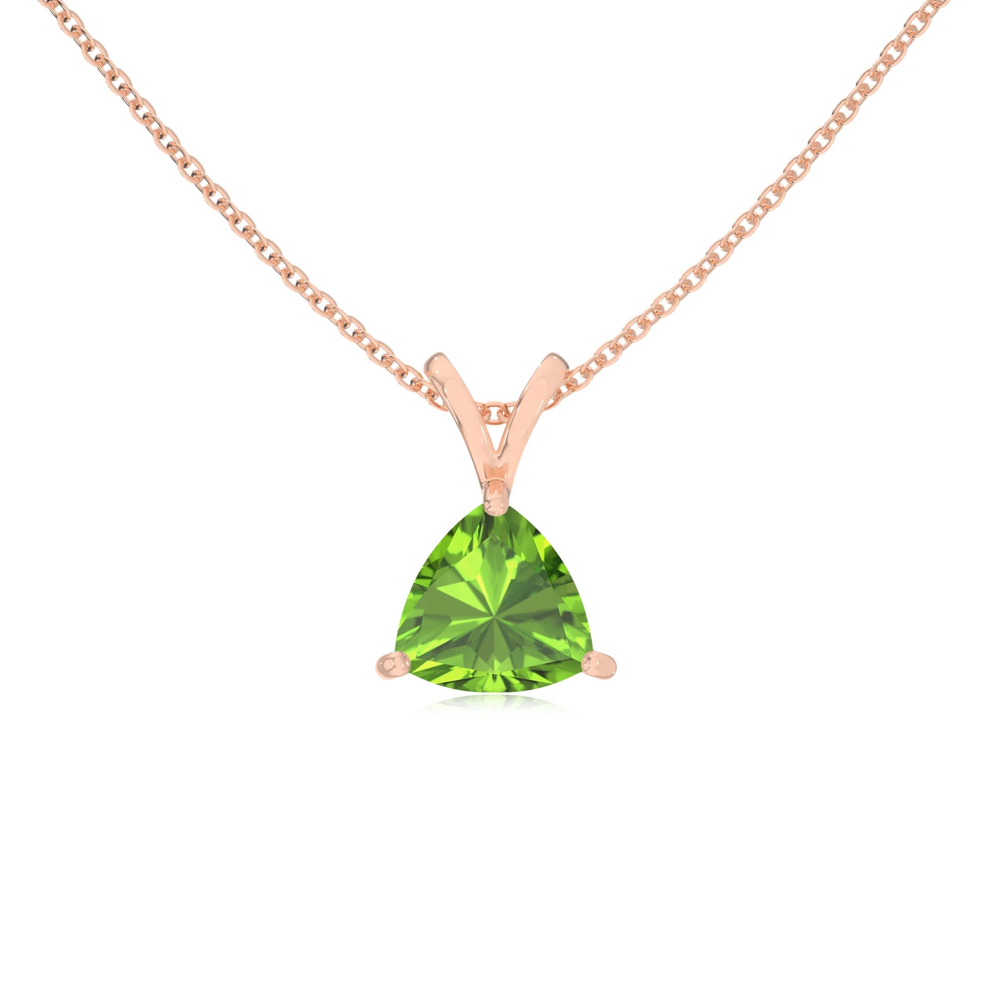 natural peridot trillion solitaire v-bale necklaces in rose gold 