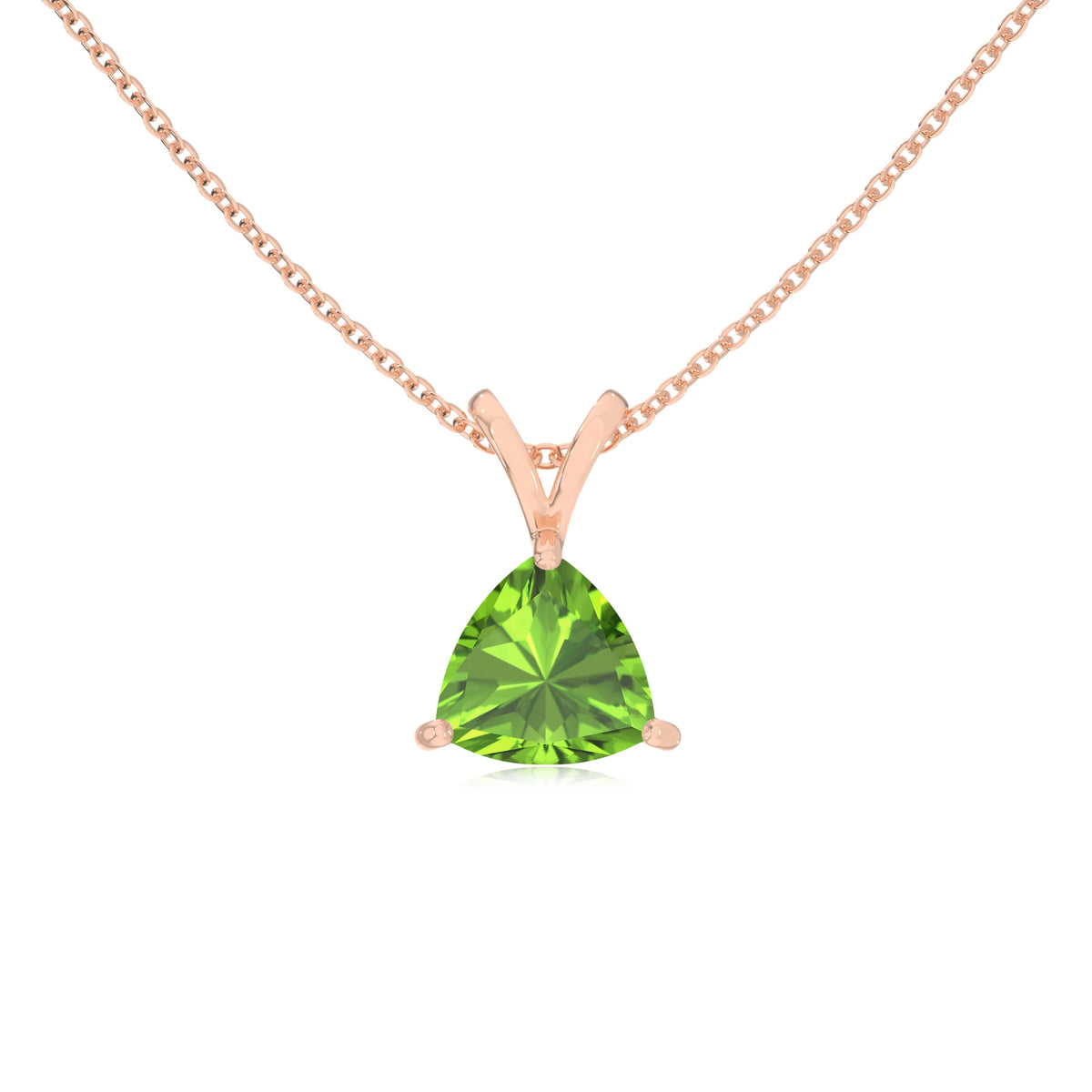 natural peridot trillion solitaire v-bale necklaces in rose gold 