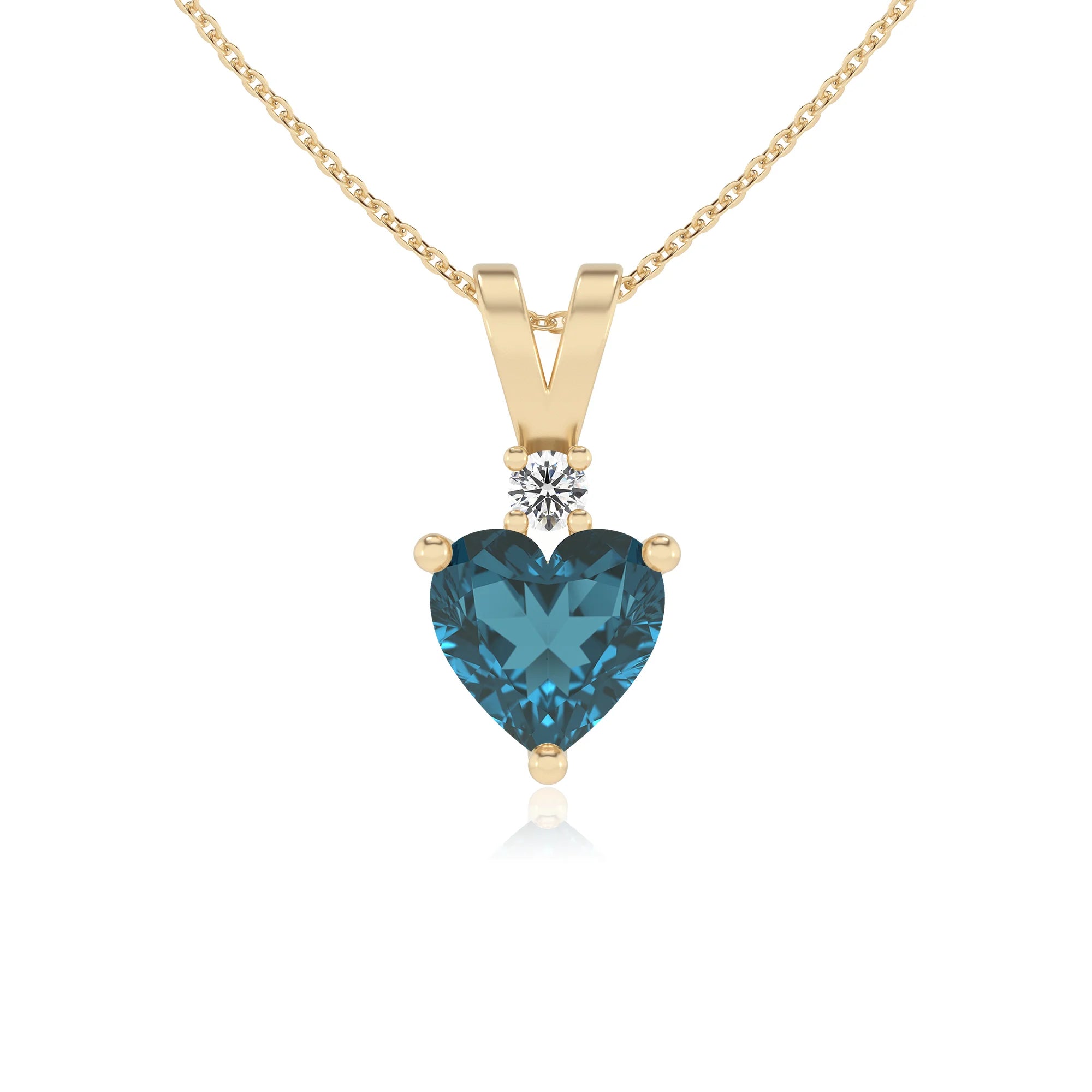 natural london-blue-topaz heart solitaire v-bale necklaces in yellow gold 