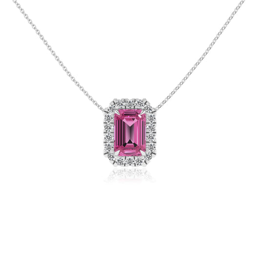 lab grown pink sapphire emerald cut solitaire necklaces in white gold 