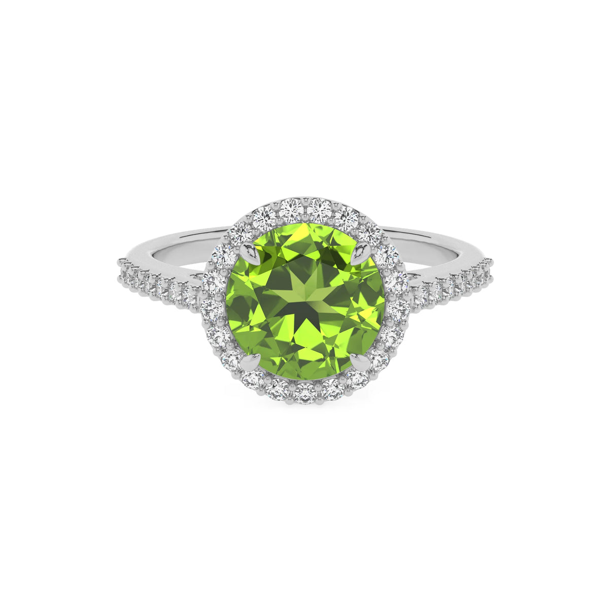 natural peridot round solitaire rings in platinum 
