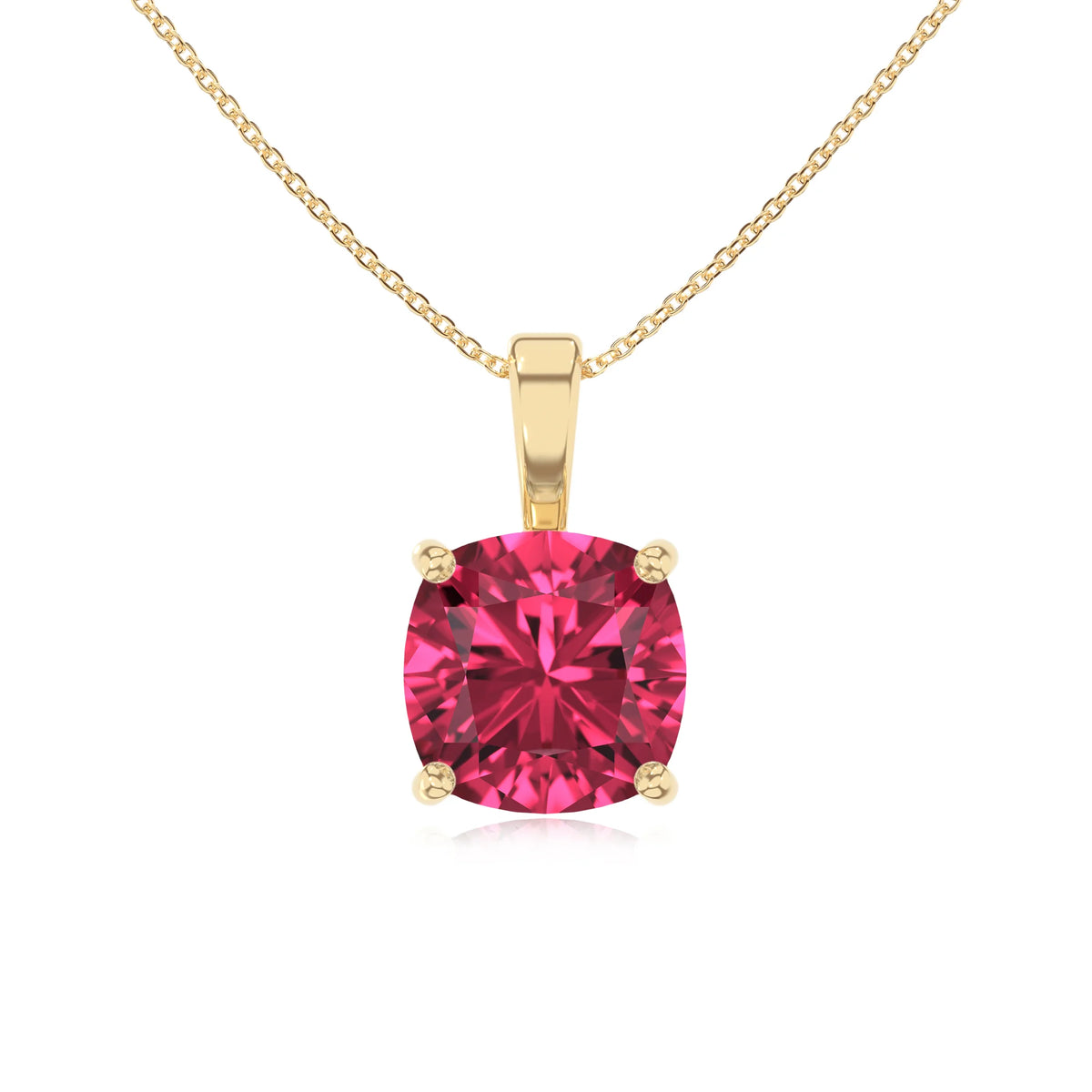 lab grown pink-tourmaline cushion solitaire necklaces in yellow gold 