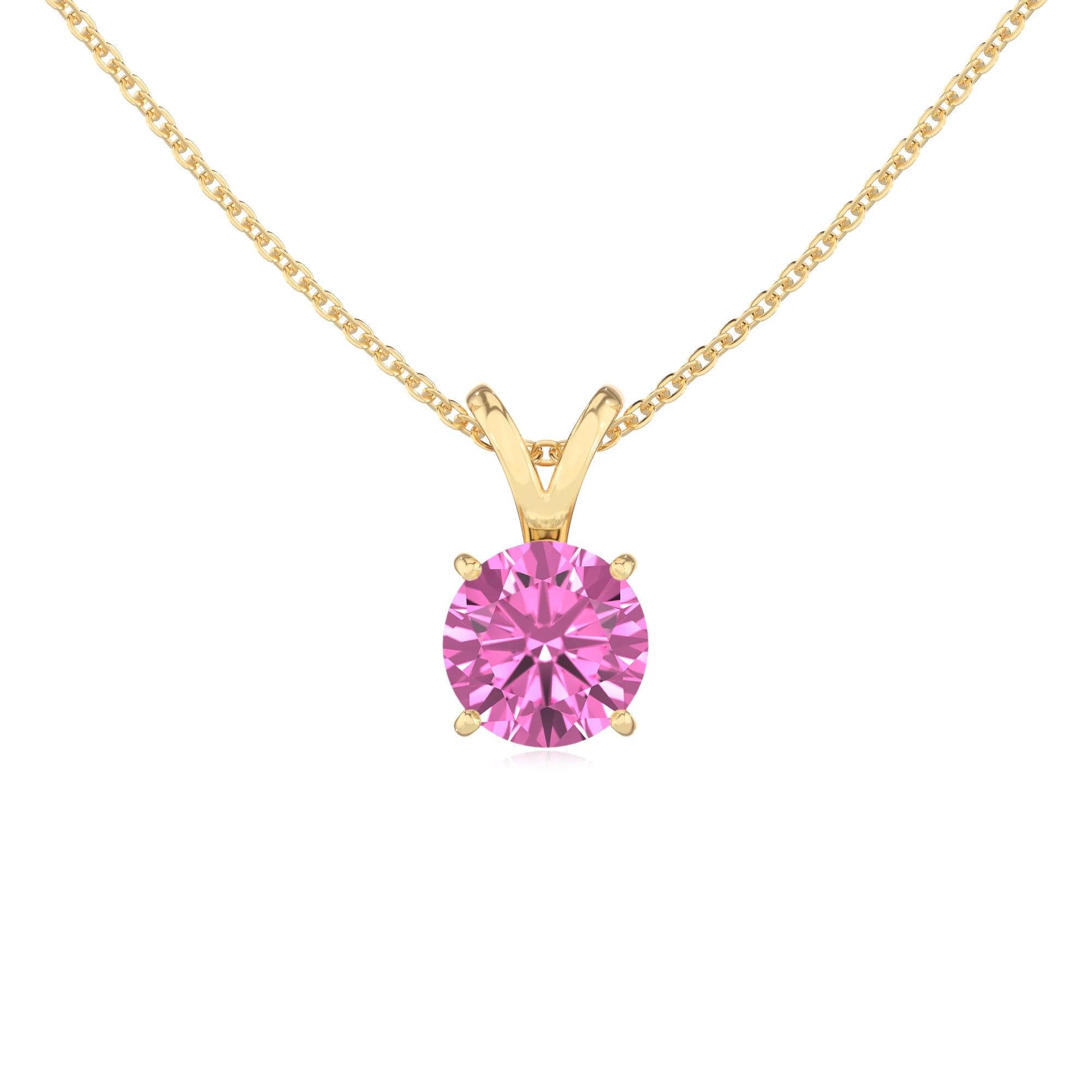 lab grown pink-sapphire round solitaire v-bale necklaces in yellow gold 
