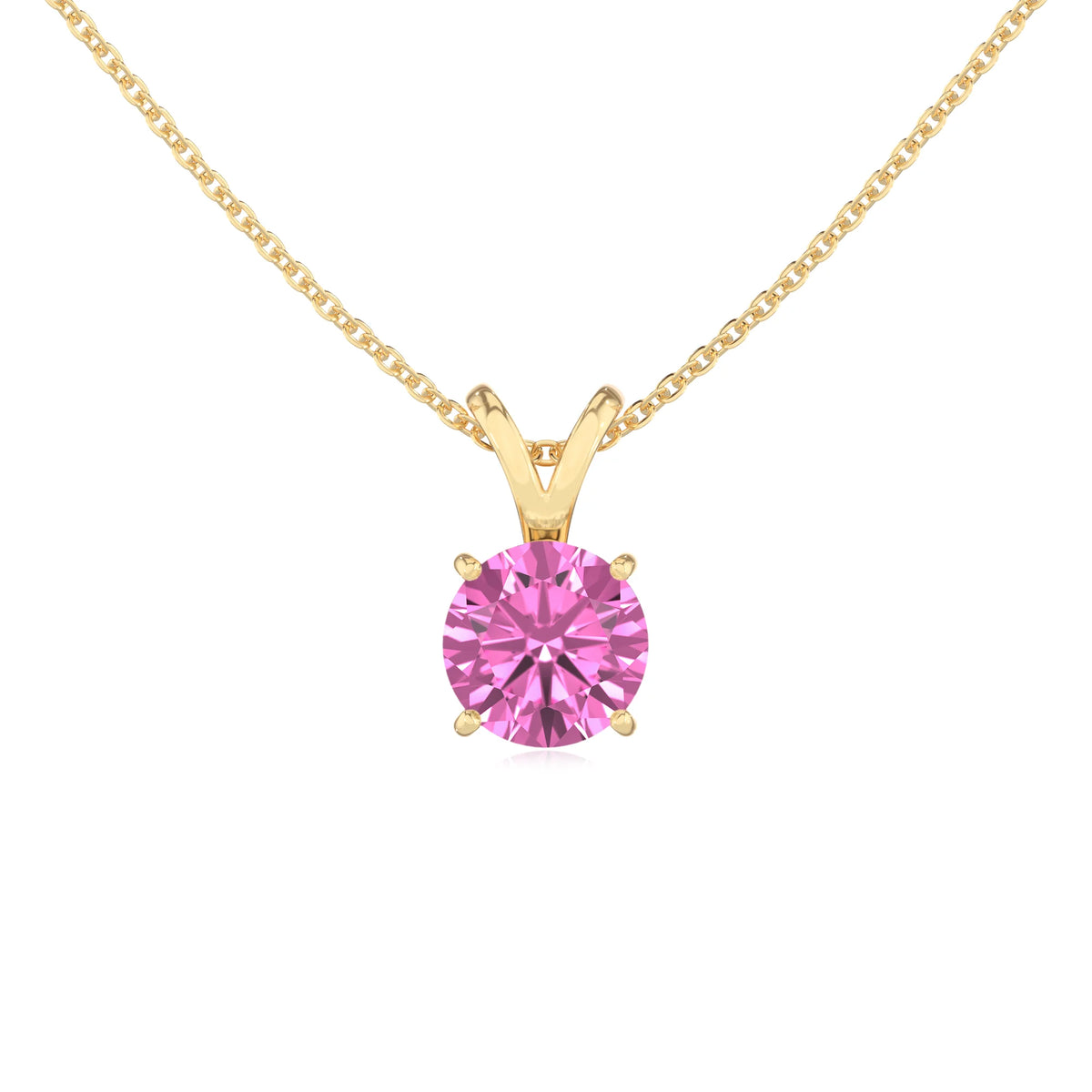 lab grown pink-sapphire round solitaire v-bale necklaces in yellow gold 