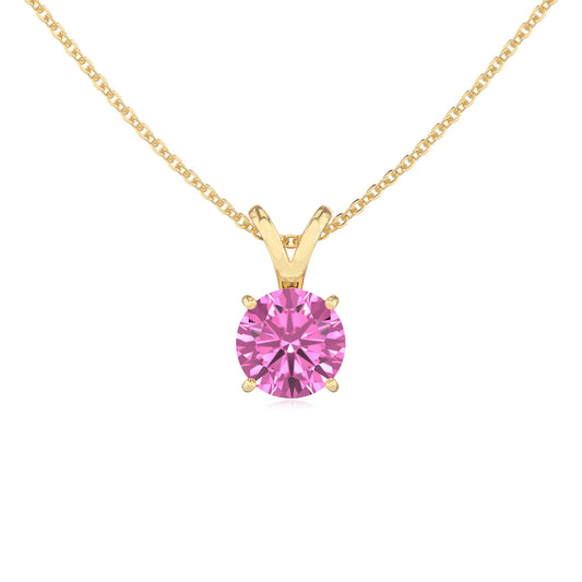 lab grown pink-sapphire round solitaire v-bale necklaces in yellow gold 