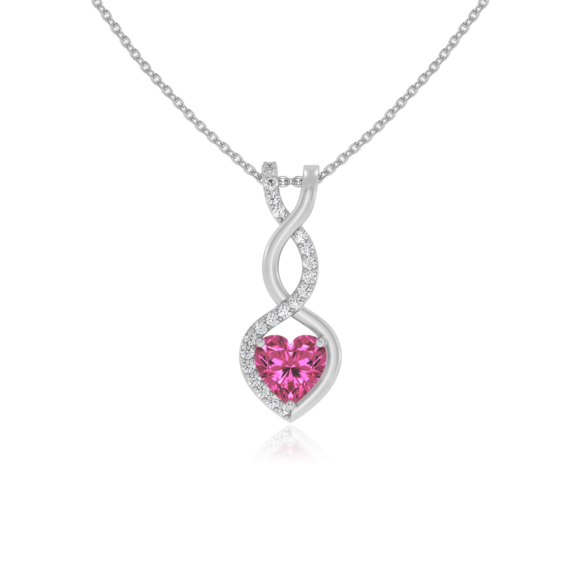 lab grown pink-sapphire heart infinity necklaces in white gold 