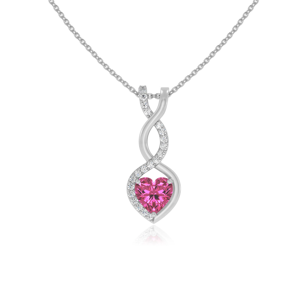 lab grown pink-sapphire heart infinity necklaces in white gold 