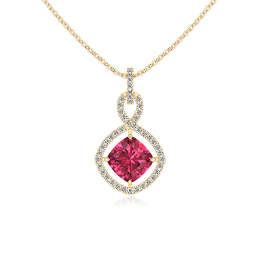 lab grown pink-tourmaline cushion infinity necklaces in yellow gold 
