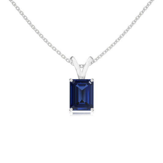 lab grown blue-sapphire emerald cut solitaire v-bale necklaces in sterling silver 