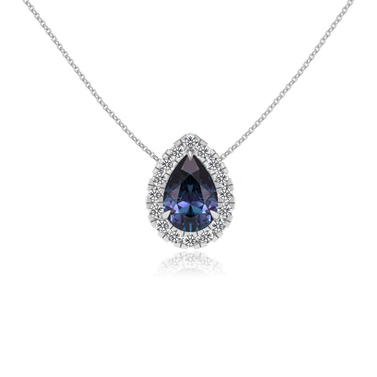 lab grown alexandrite pear solitaire necklaces in white gold 