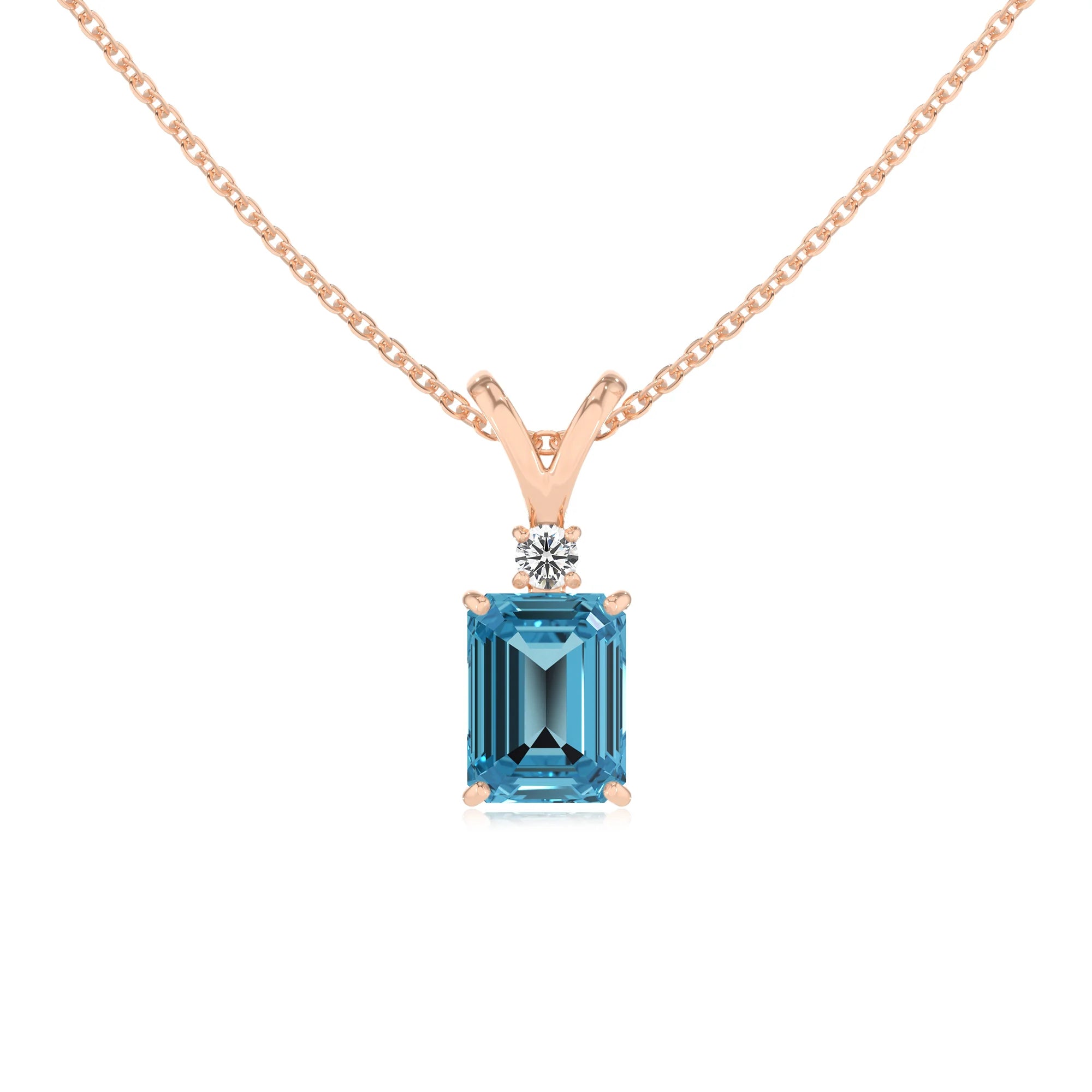 natural swiss-blue-topaz emerald cut solitaire v-bale necklaces in rose gold 