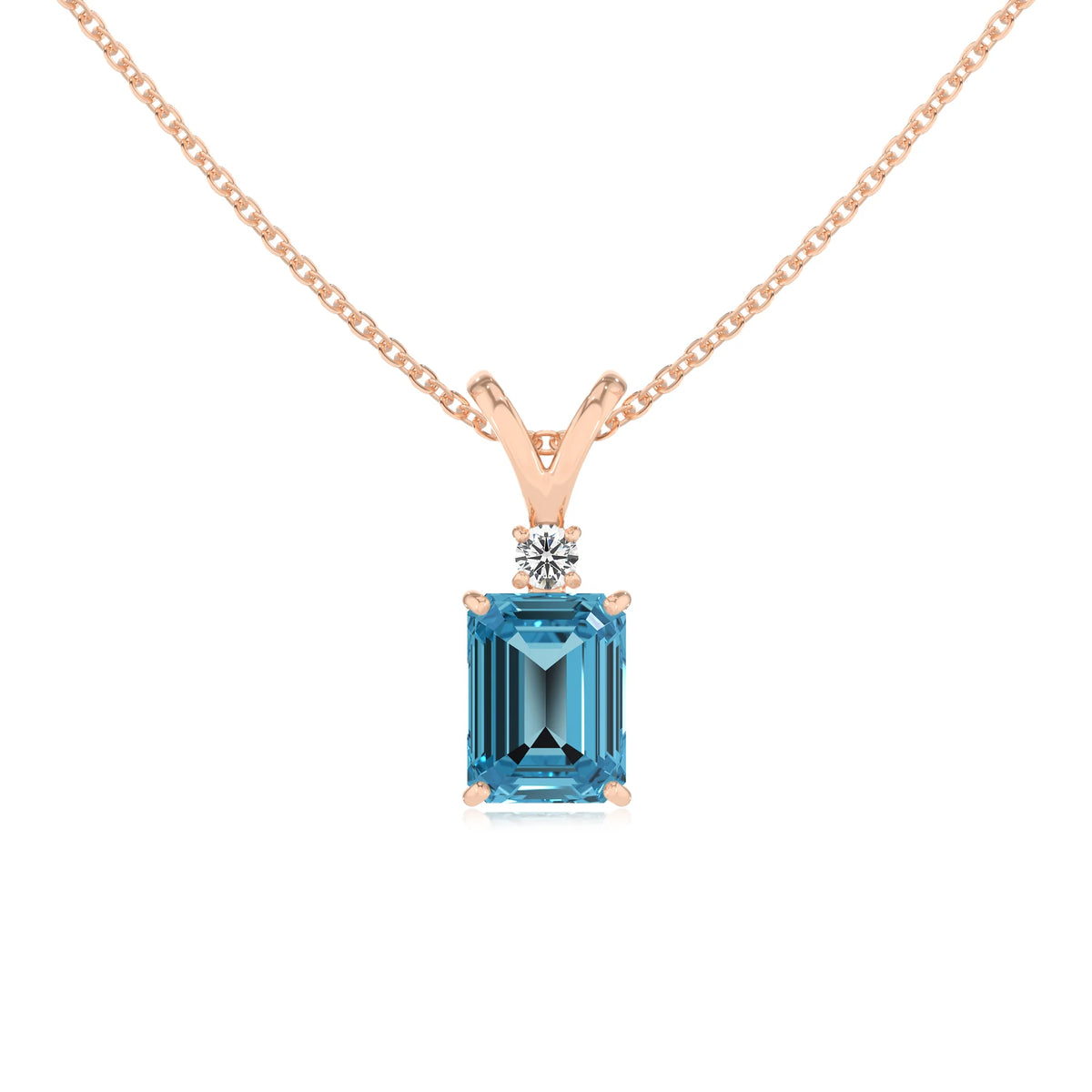 natural swiss-blue-topaz emerald cut solitaire v-bale necklaces in rose gold 