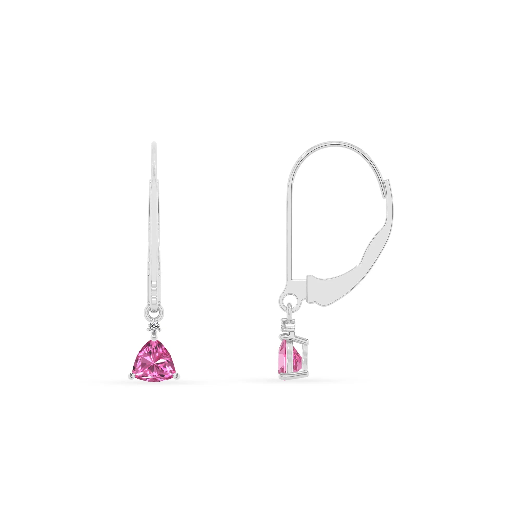 lab grown pink sapphire trillion drop earrings in white gold 