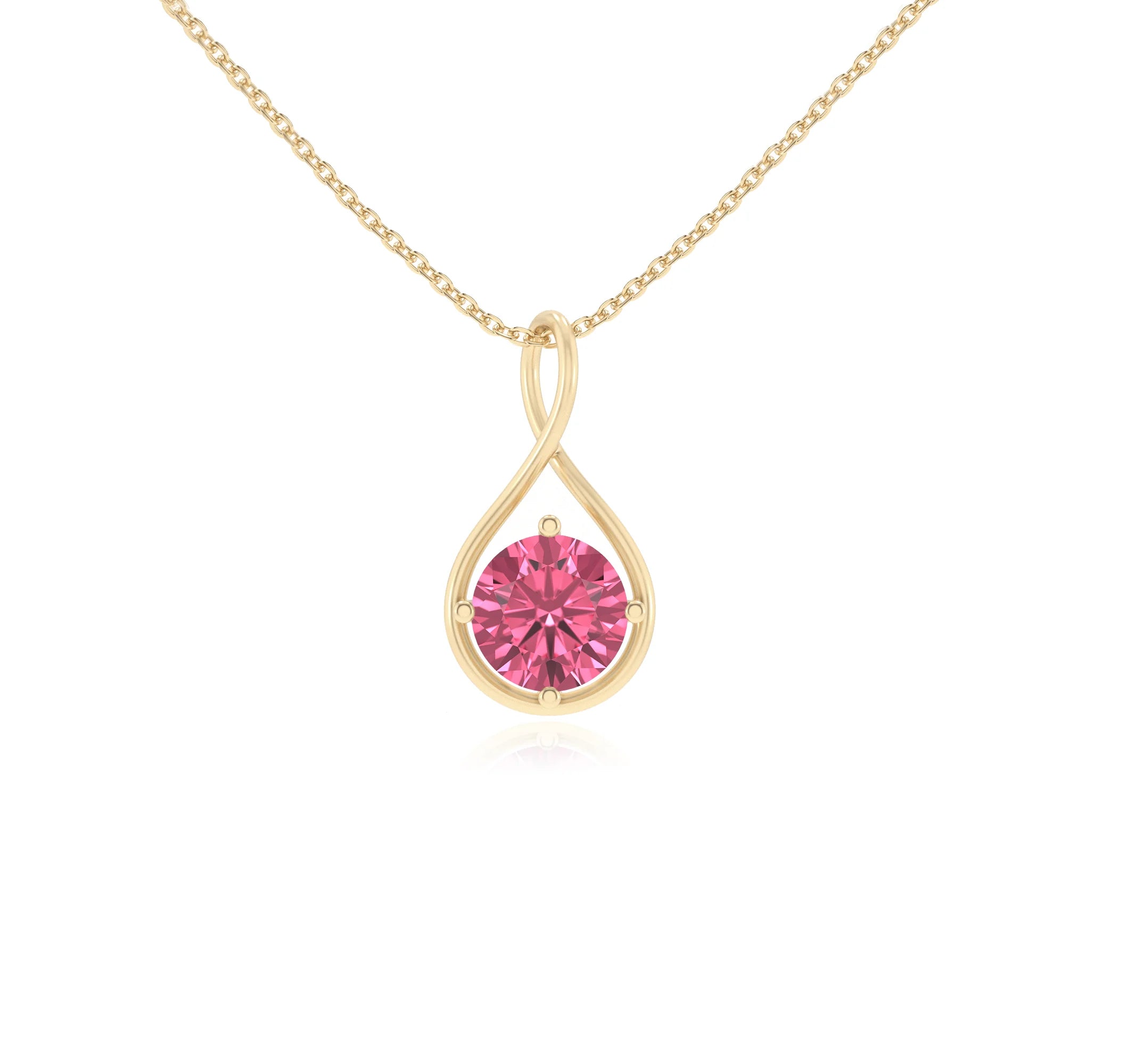 lab grown pink-tourmaline round solitaire necklaces in yellow gold 
