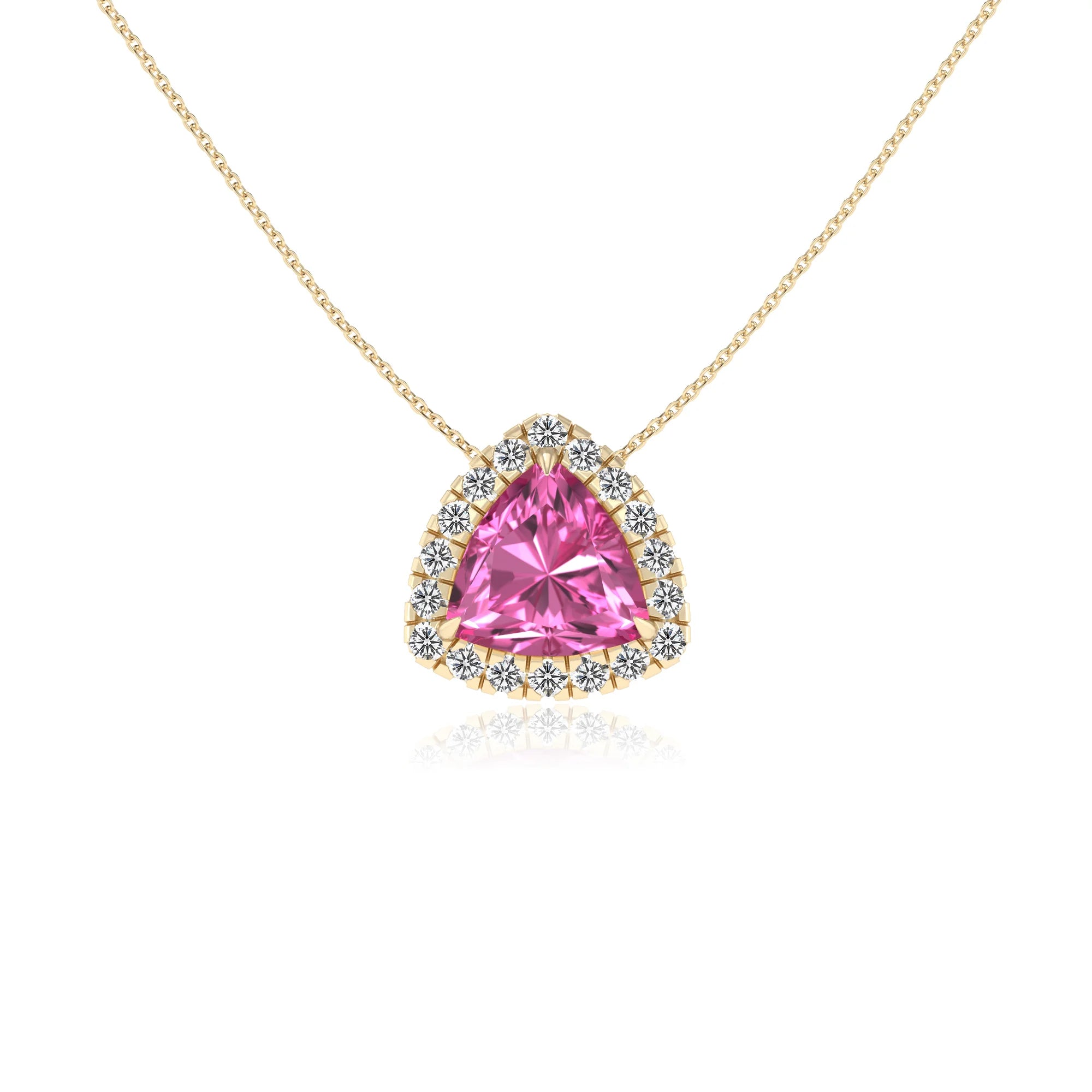 lab grown pink sapphire trillion solitaire necklaces in yellow gold 