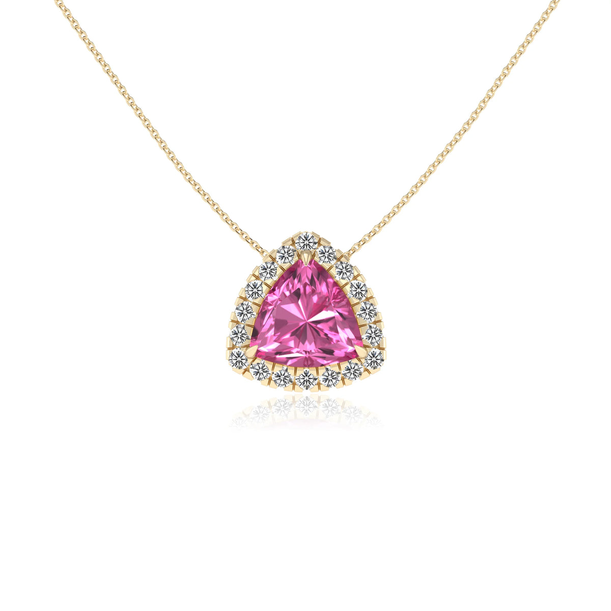 lab grown pink sapphire trillion solitaire necklaces in yellow gold 
