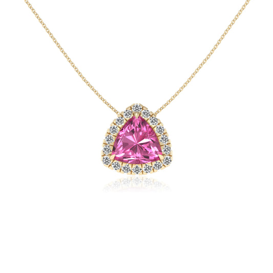 lab grown pink sapphire trillion solitaire necklaces in yellow gold 