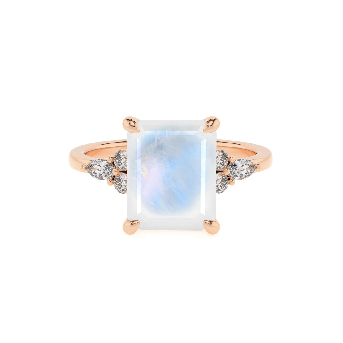 natural rainbow-moonstone emerald cut solitaire rings in rose gold 