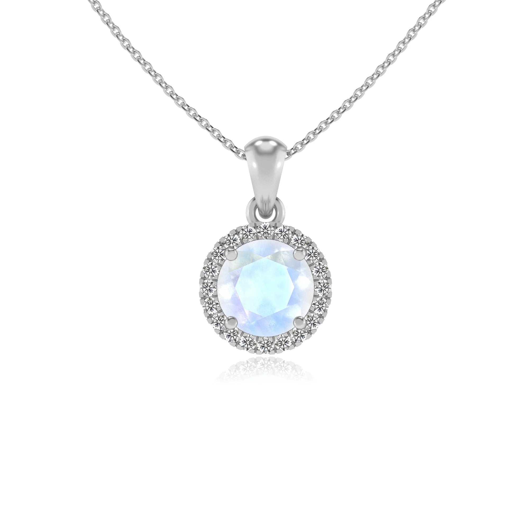 natural rainbow-moonstone round solitaire necklaces in white gold 