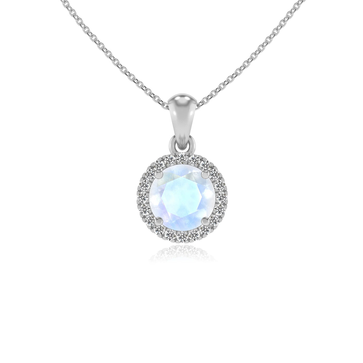 natural rainbow-moonstone round solitaire necklaces in white gold 