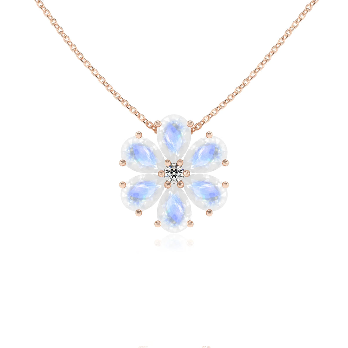 natural rainbow-moonstone pear solitaire necklaces in rose gold 