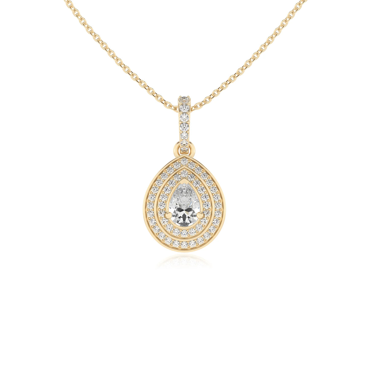 lab grown moissanite pear halo necklaces in yellow gold 