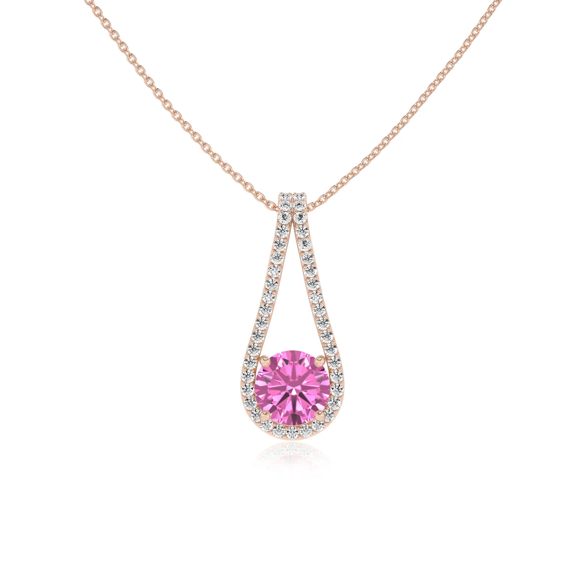lab grown pink-sapphire round solitaire v-bale necklaces in rose gold 