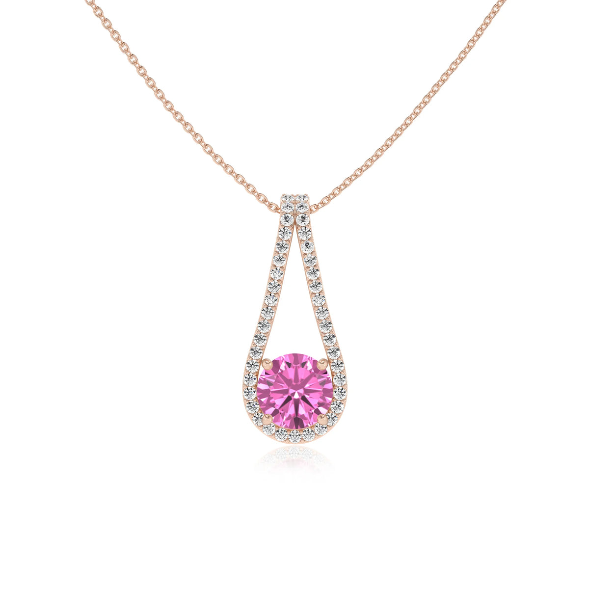 lab grown pink-sapphire round solitaire v-bale necklaces in rose gold 