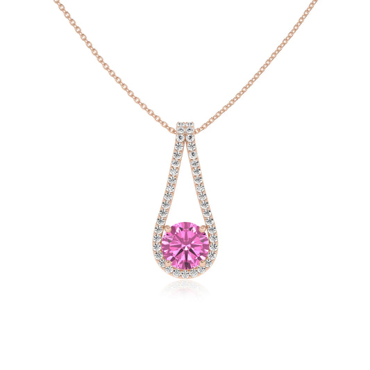 lab grown pink-sapphire round solitaire v-bale necklaces in rose gold 