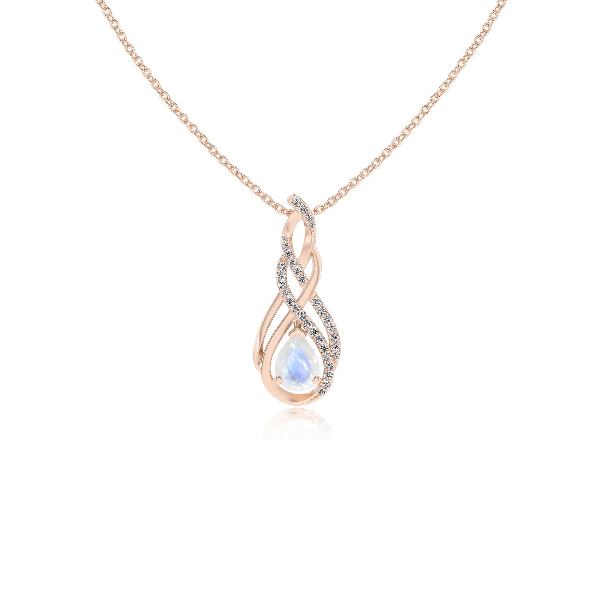 natural rainbow-moonstone pear solitaire necklaces in rose gold 