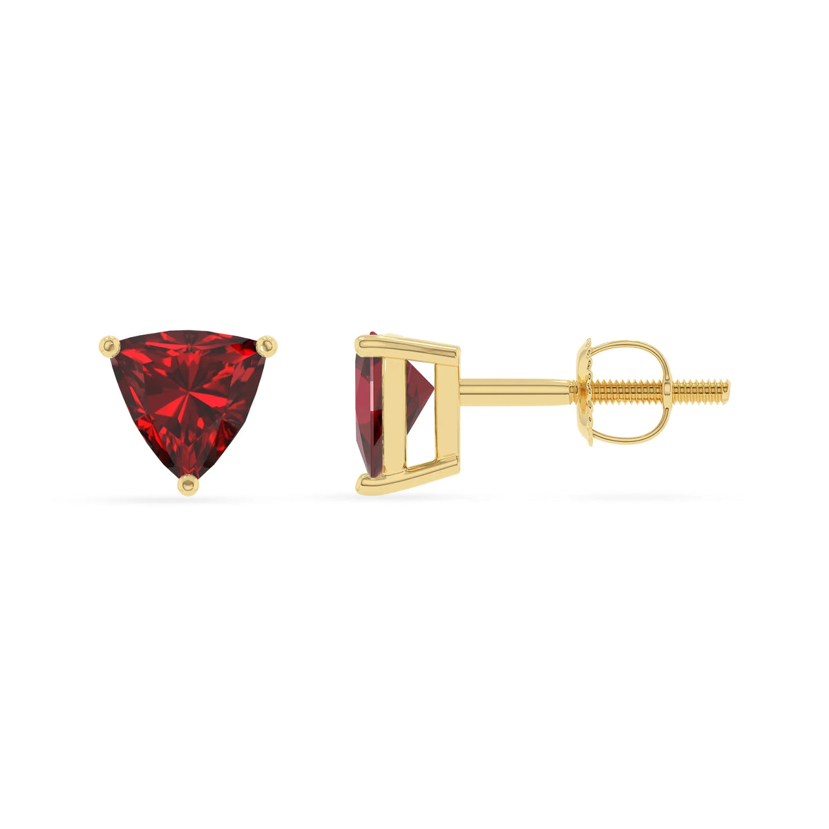 lab grown ruby trillion stud earrings in yellow gold 