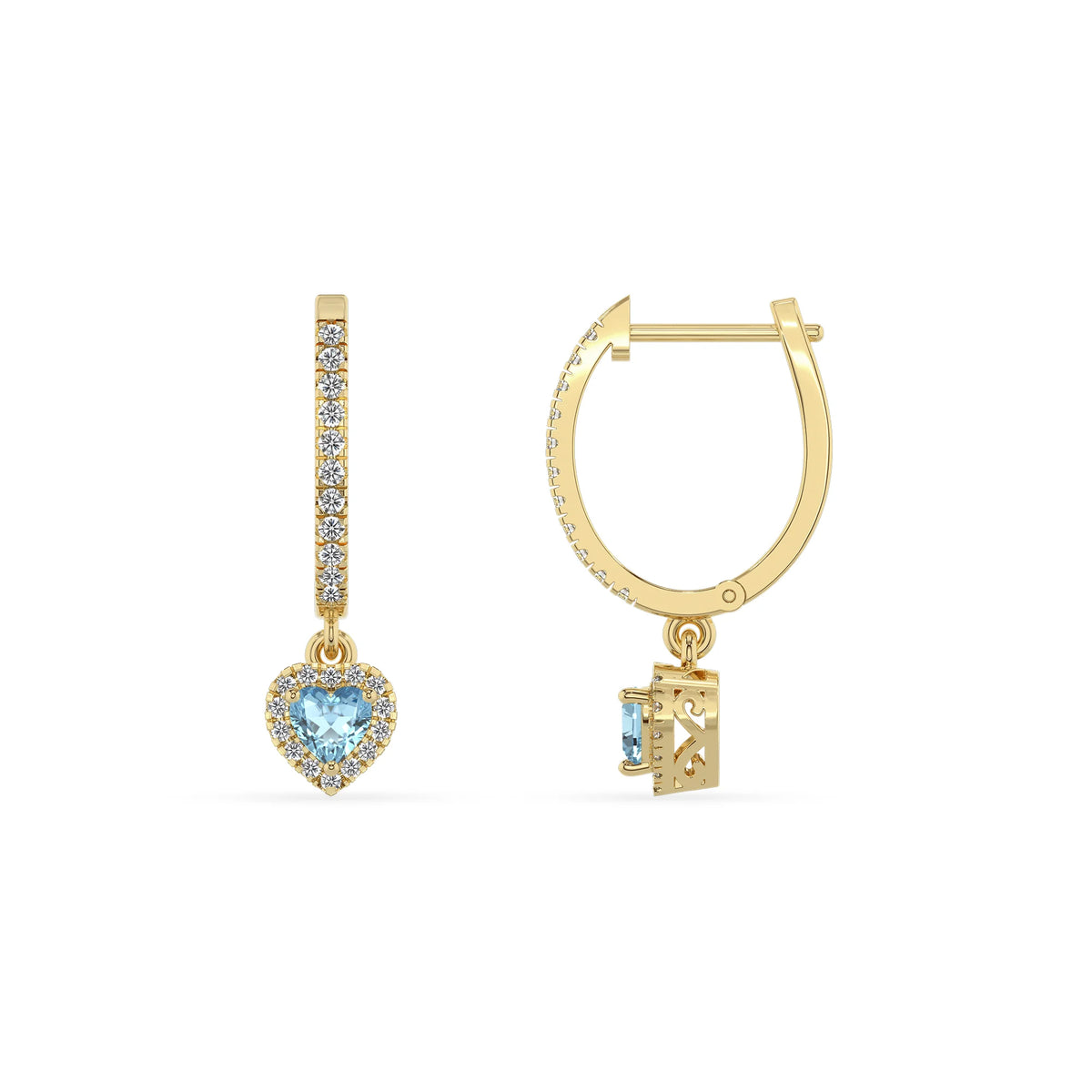 lab grown aquamarine heart drop earrings in yellow gold 