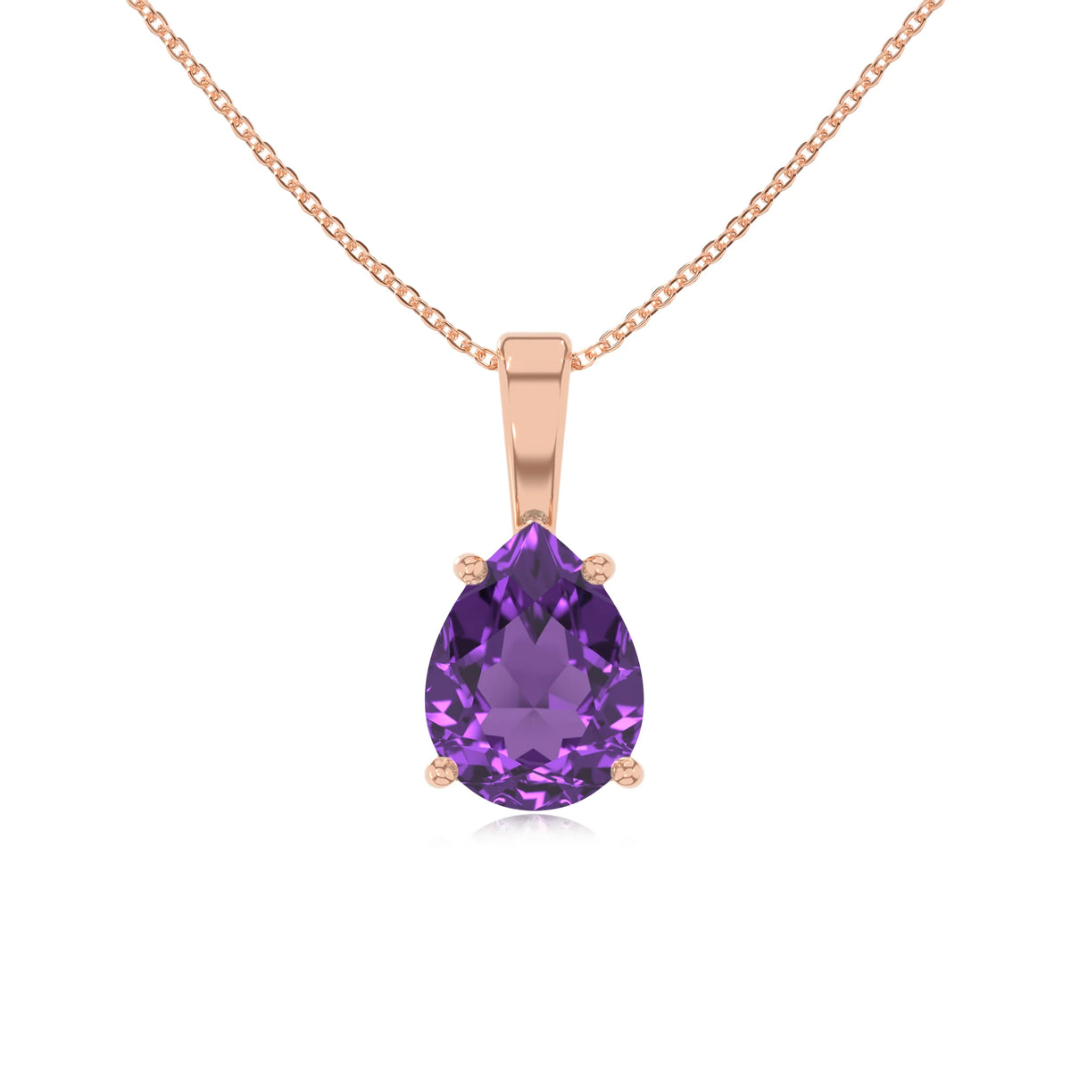 lab grown amethyst pear solitaire necklaces in rose gold 