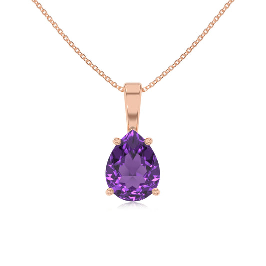 lab grown amethyst pear solitaire necklaces in rose gold 